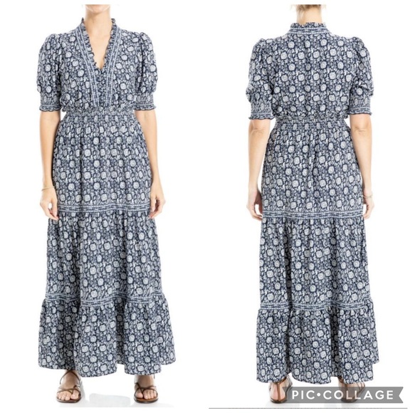 Max Studio Short Sleeve Tiered Maxi Dress Navy Floral XL - Picture 1 of 7